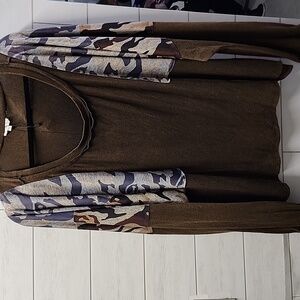 NWOT POL Brown Long Sleeve Top with Camouflage Accents